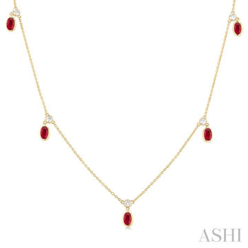 5x3 MM Oval Shape Ruby and 1/4 Ctw Round Cut Diamonds Precious Station Necklace in 14K Yellow Gold